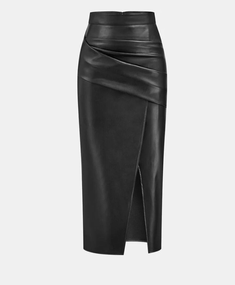 NWT Commense Faux Leather Ruched Slit Midi Bodycon Pencil Skirt - Black - Size L - Picture 2 of 9
